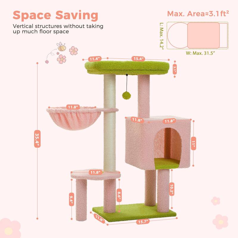 Cat Tree Tower w/Sisal Scratching Post, Condo, Large Top Perch, Hammock & 2 Dangling Balls