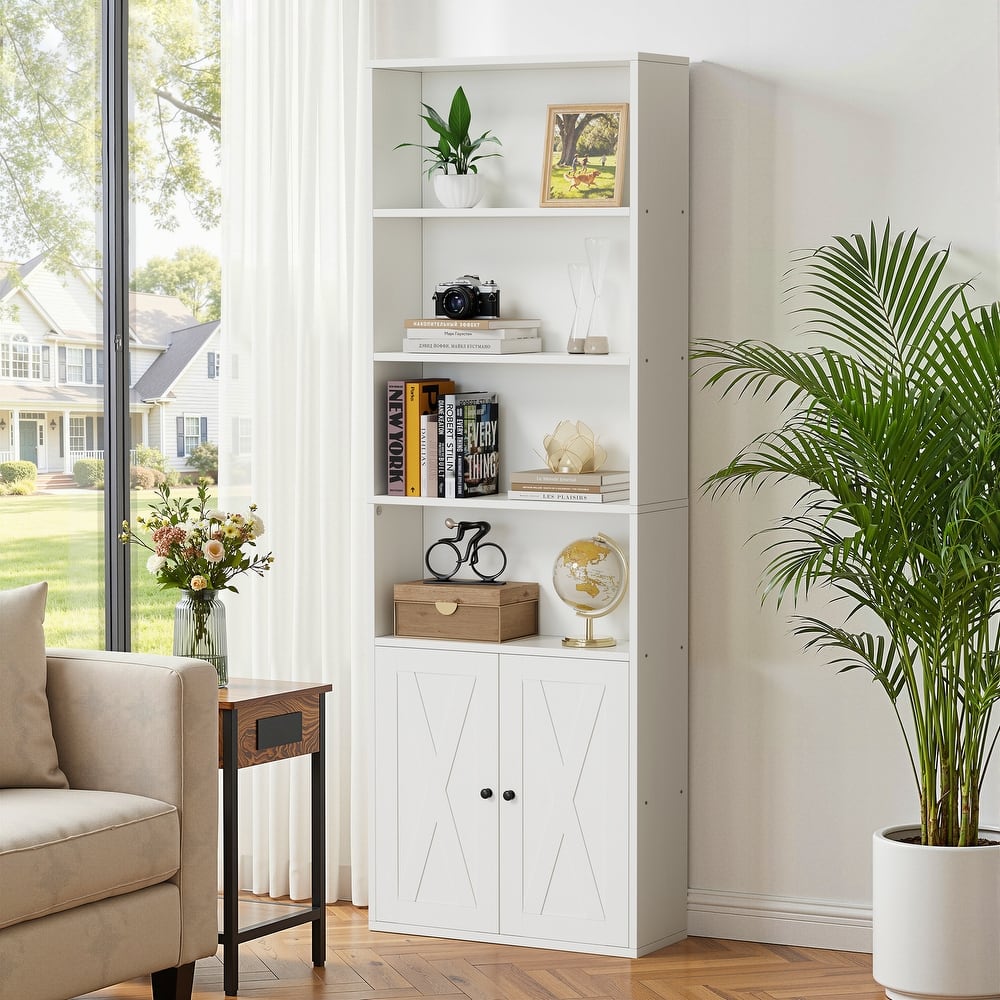 6-Tier Wood Bookcase, Storage Bookshelf with Doors