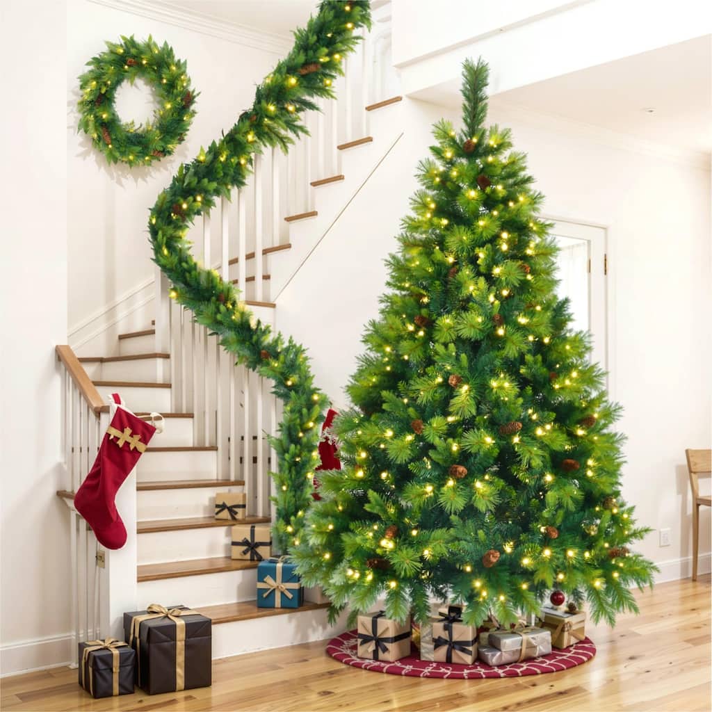 Christmas Tree Set with Garland and Wreath, 6ft Hinged Tree with Pine Cones