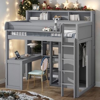 Wood Twin Size Loft bed with Multiple Storage Shelves and Wardrobe, Gray