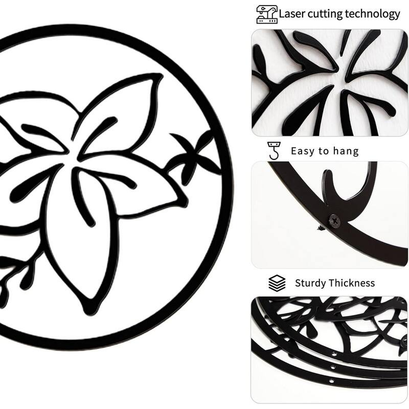 3-Piece Black Metal Floral Wall Art Set - Round Hollow-Out Design