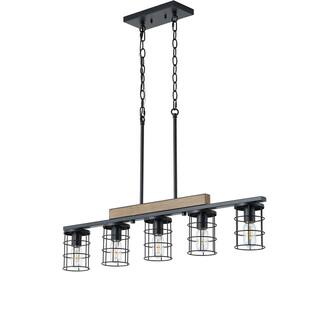 Modern Industrial 5 Light Black Iron Pendant Light Faux Wood Grain Ceiling Fixture