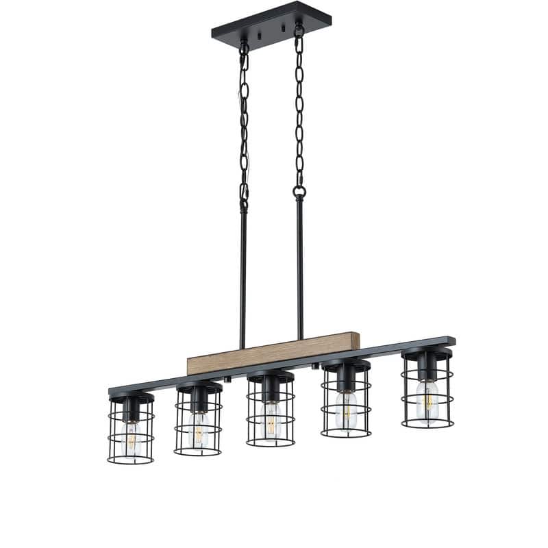 Modern Industrial 5 Light Black Iron Pendant Light Faux Wood Grain Ceiling Fixture