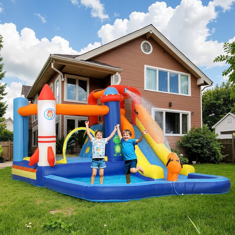 5-in-1 Inflatable Water Play Center with Slide, Splash Pool, Climbing Wall, Trampoline & Water Cannon