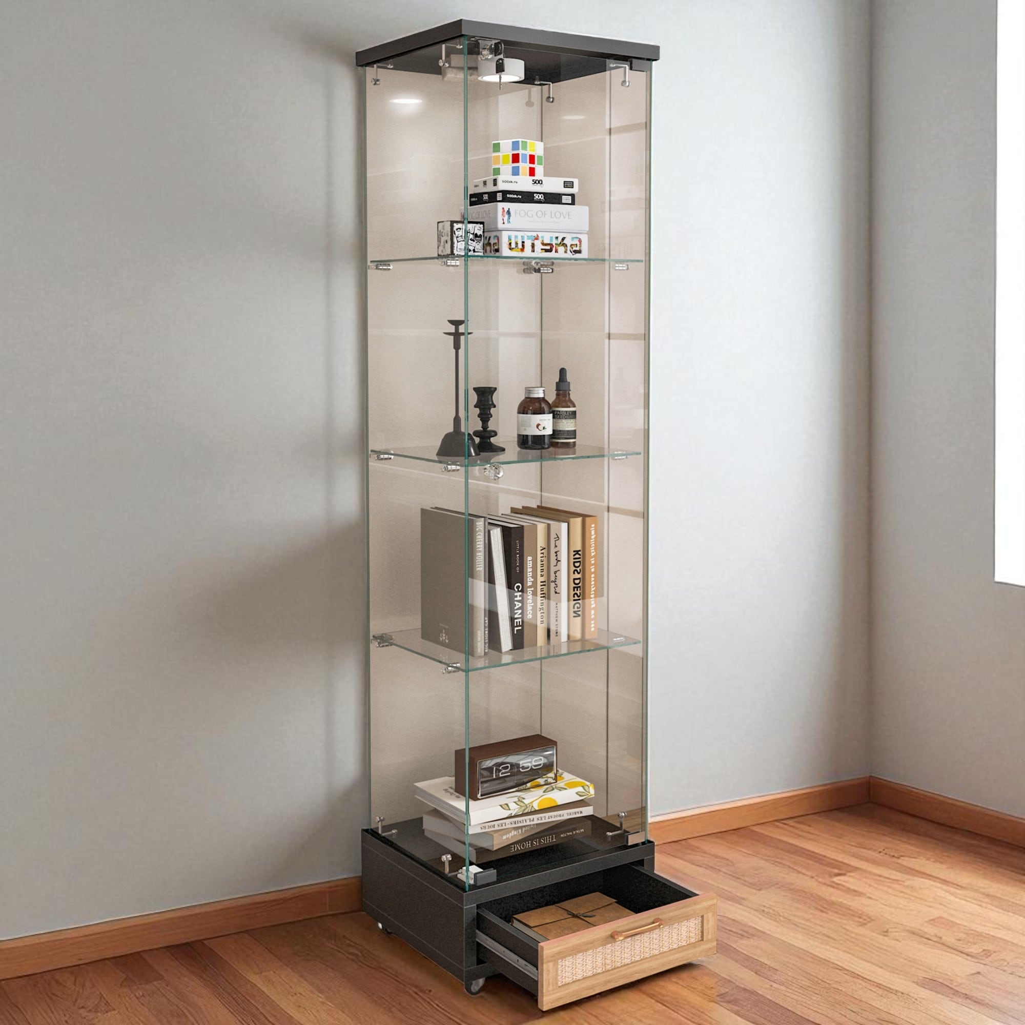 65.9" Modern Glass Display Cabinet with Drawer, LED Lights & 4 Tempered Glass Shelves - Lockable Storage Case