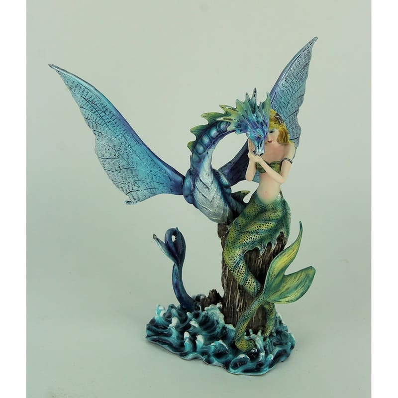 Mermaid Sitting With Blue Sea Dragon Resin Statue 11.75 Inches High - 11.75 X 9.5 X 4.5 inches