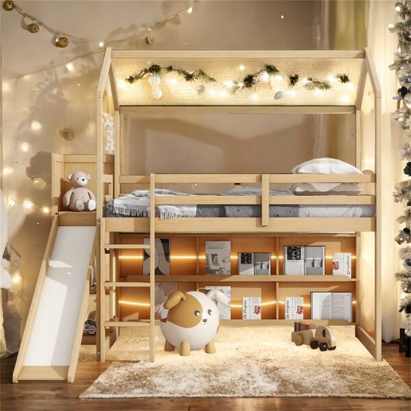 slide 2 of 24, Twin Size Wood House Loft Bed with Slide, Storage Shelves, Light, and Climbing Ramp Natural