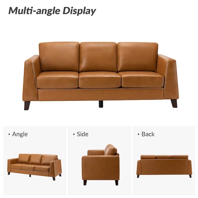 Rita 81.5" Genuine Leather Tuxedo Arm Sofa Couch With Solid Wood Legs By HULALA HOME