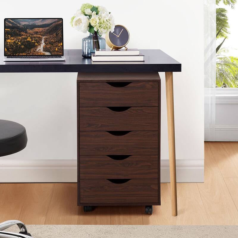 5 Drawers Chest, Wood Storage Dresser with Wheels, Craft Storage Organizer and Storage Drawer Office Drawer Unit