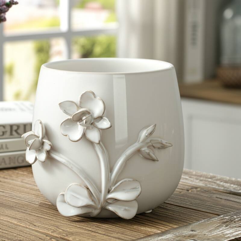 Decorative Ceramic Flower Planter with Flower Applique - Ivory