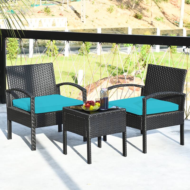 Costway 3PC Patio Rattan Furniture Set Coffee Table Conversation Sofa - See Details - Turquoise