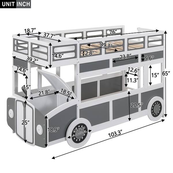 Grey+White Twin over Twin Solid Wood Bus-Shaped Bunk Bed with Wheels