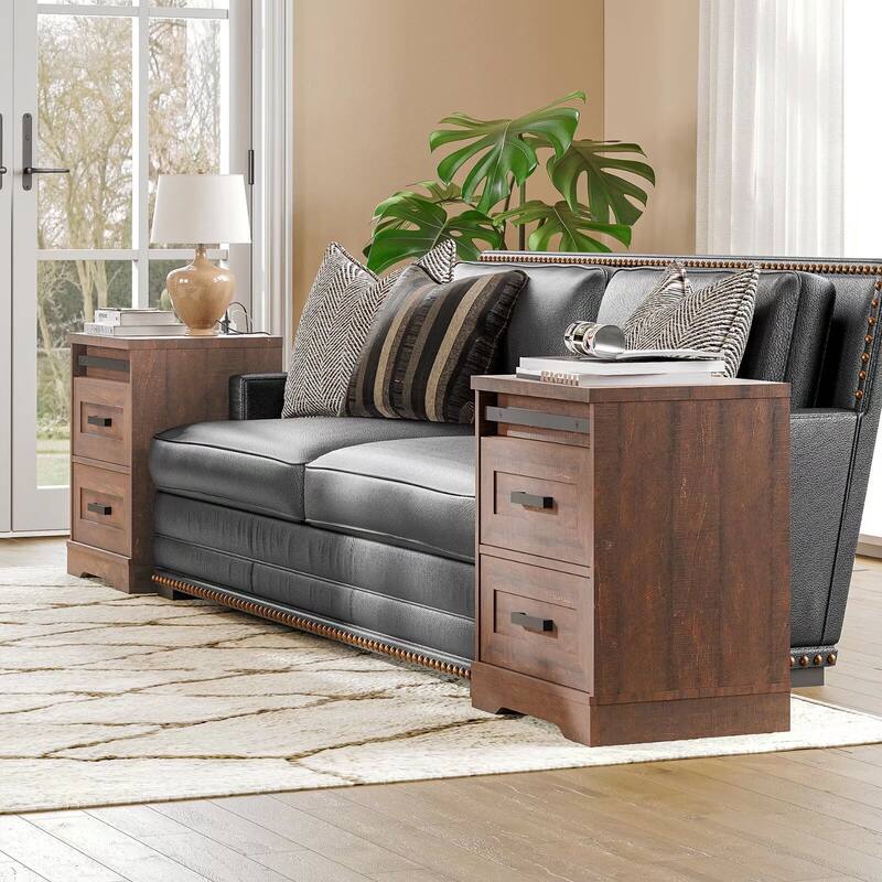 WAMPAT 2 Pack End Table with Charging Station Side Sofa Table