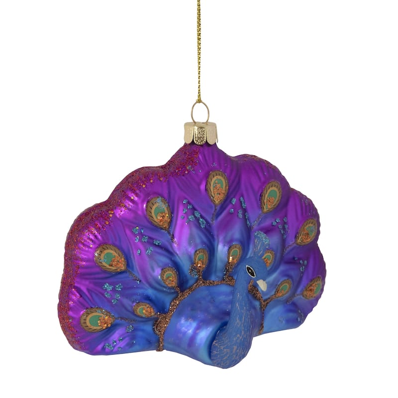 4.25" Regal Peacock Blue Purple Glittered Glass Peacock Ornament