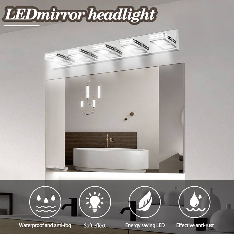 32" Modern 5-Light LED Vanity Light, Square Acrylic Lampshades Wall Mount Fixture for Bathroom, Mirror Lighting