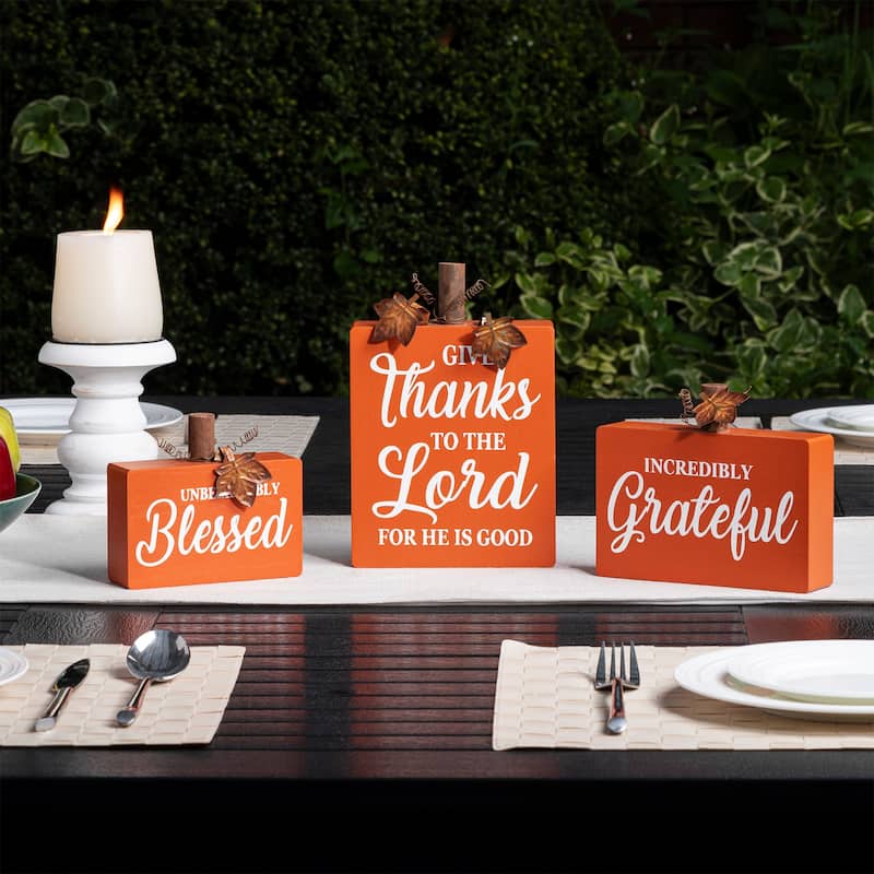 Glitzhome Set of 3 Fall Wooden Pumpkin Table Decor