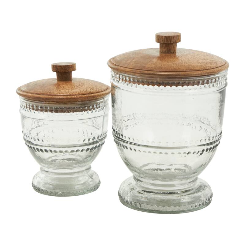 Clear Glass Beaded Living Room Decorative Jars with Wood Lids (Set of 2)
