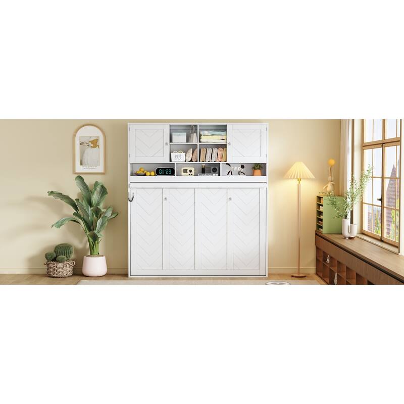 Roomfitters Queen Murphy Bed with Storage Shelves and Chevron Cabinets, Wall Mounted Space Saving Fold Down Bed System, White