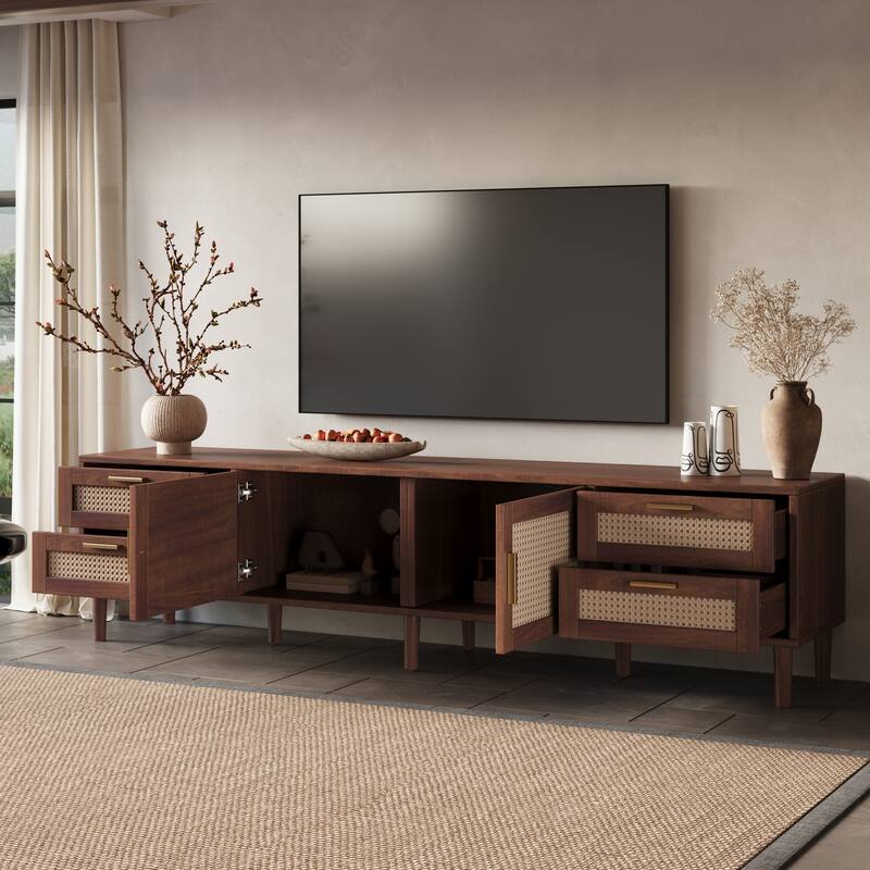 Dark Brown TV Cabinet with 4 Drawers, Mid-Century Modern Woven Rattan Doors TV Stand for TVs up to 85"