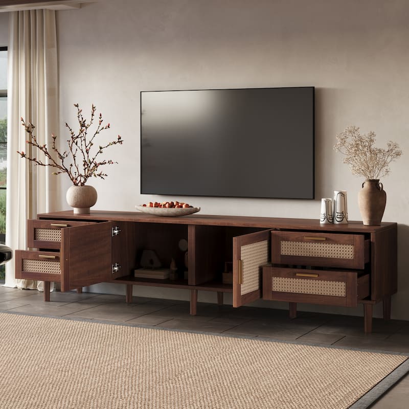 Modern 78 Inch TV Stand for 85" TVs, Media Console with 4 Storage Drawers, Solid Wood Legs & Soft-Close Hinges