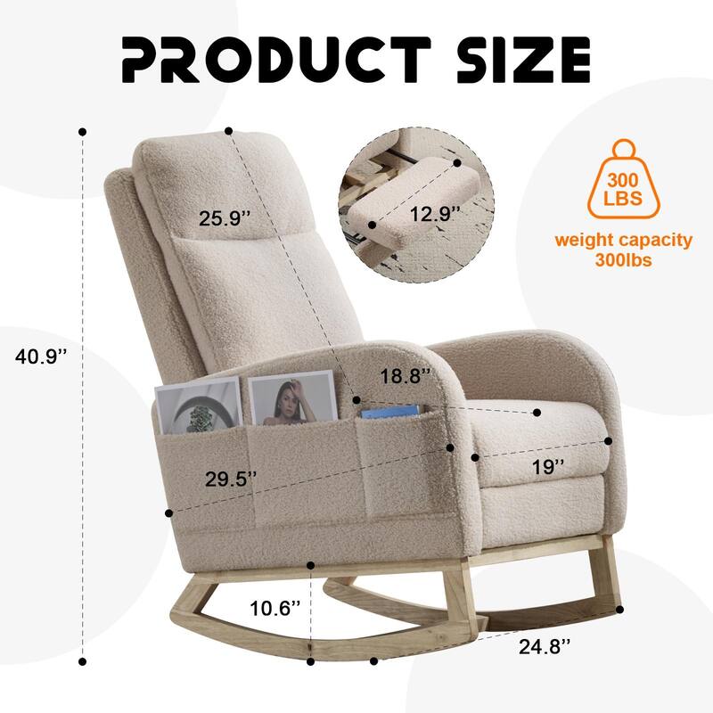 Modern Accent Rocking Chair Rocking Chair with Solid Wood Legs, Upholstered Nursery Glider Rocker Side Pocket and Footrest