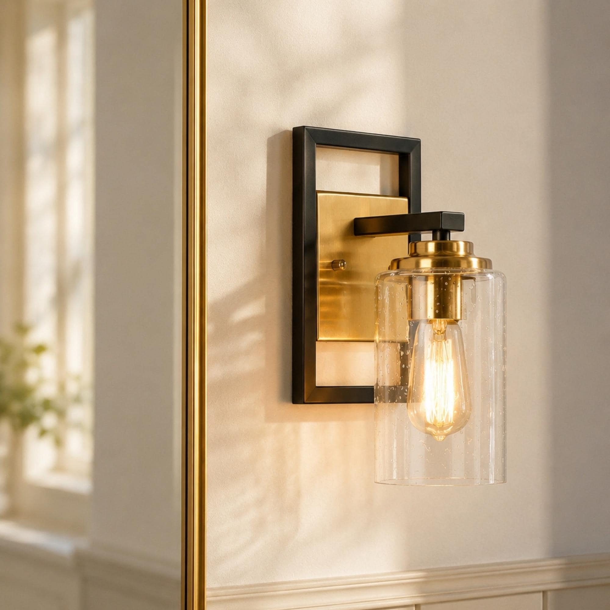 1-Light Cylindrical Seeded Glass Wall Sconce Modern Black Gold Vanity Lights - 5.5" L x 6" W x 10" H