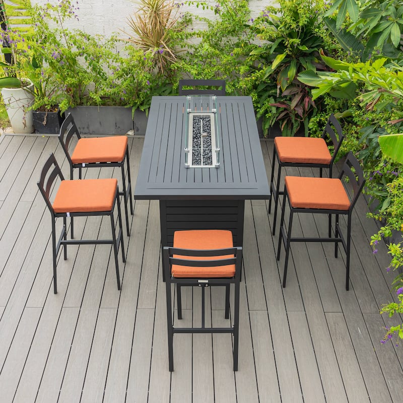7-Piece Outdoor Patio Bar Height Dining Set in Aluminum with Rectangular Fire Pit Table and 6 Barstool