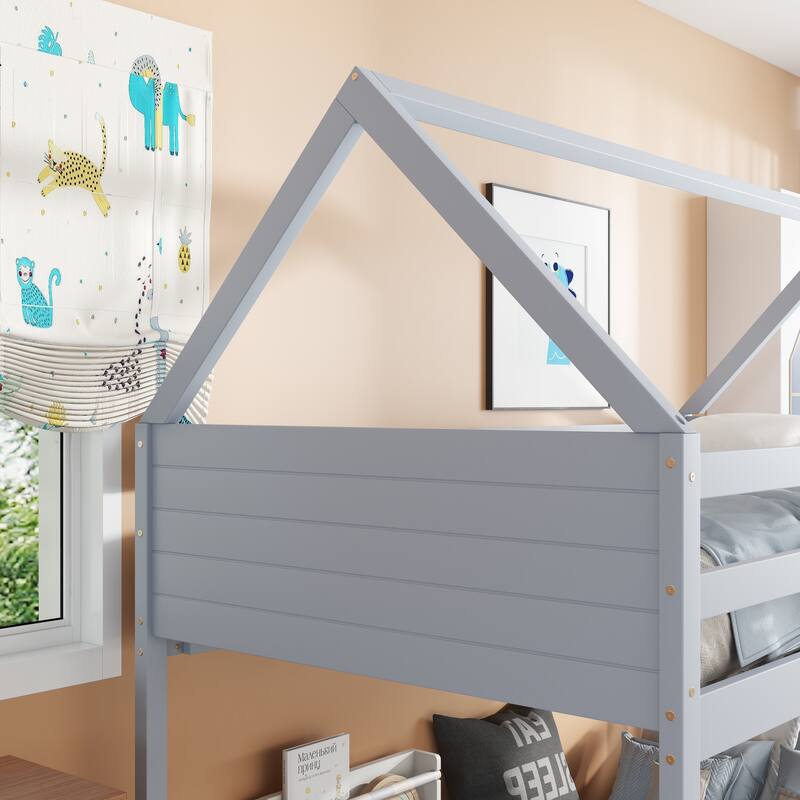 Twin Over Twin House Bunk Bed with Playful Roof Design Safety Guardrails & Ladder (250lb Capacity)