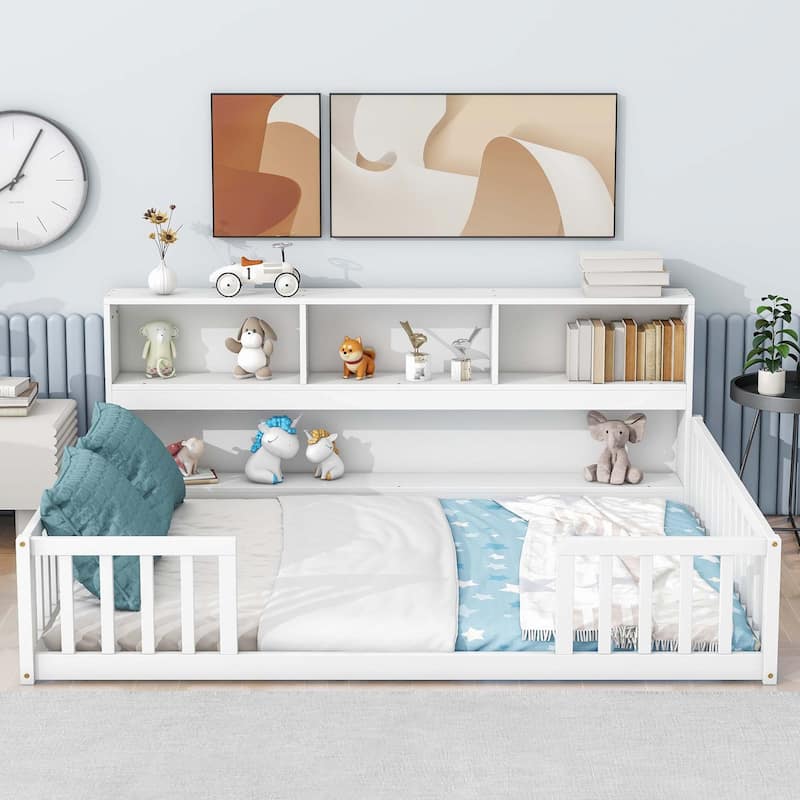 Full Floor Bed with Side Bookcase and Guardrails