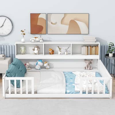 Full Floor Bed with Side Bookcase and Guardrails