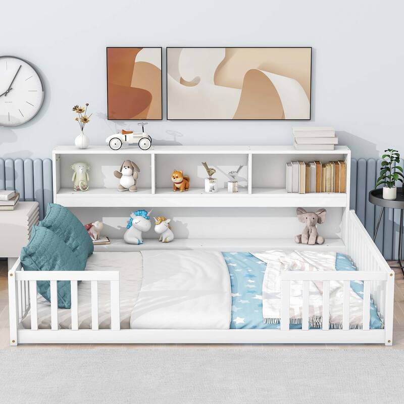 WM Full Floor Bed with Side Bookcase - White