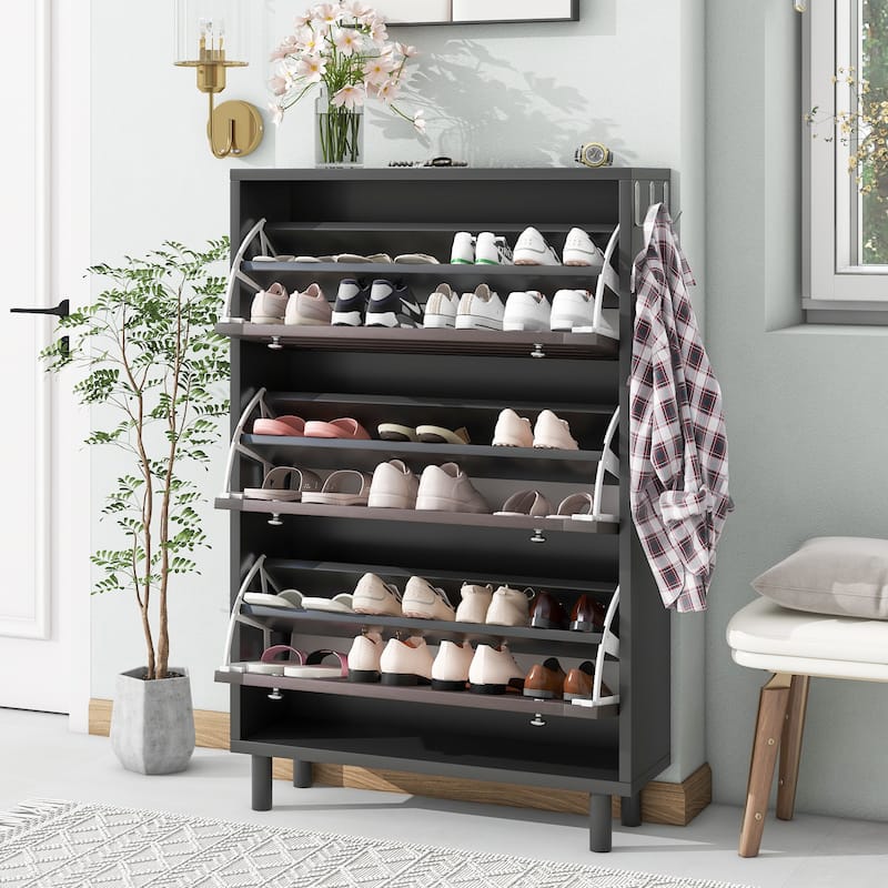 ON-TREND Minimalist Slim Shoe Cabinet with Adjustable Shelves and Hanging Hooks, Particle Board Entryway Organizer