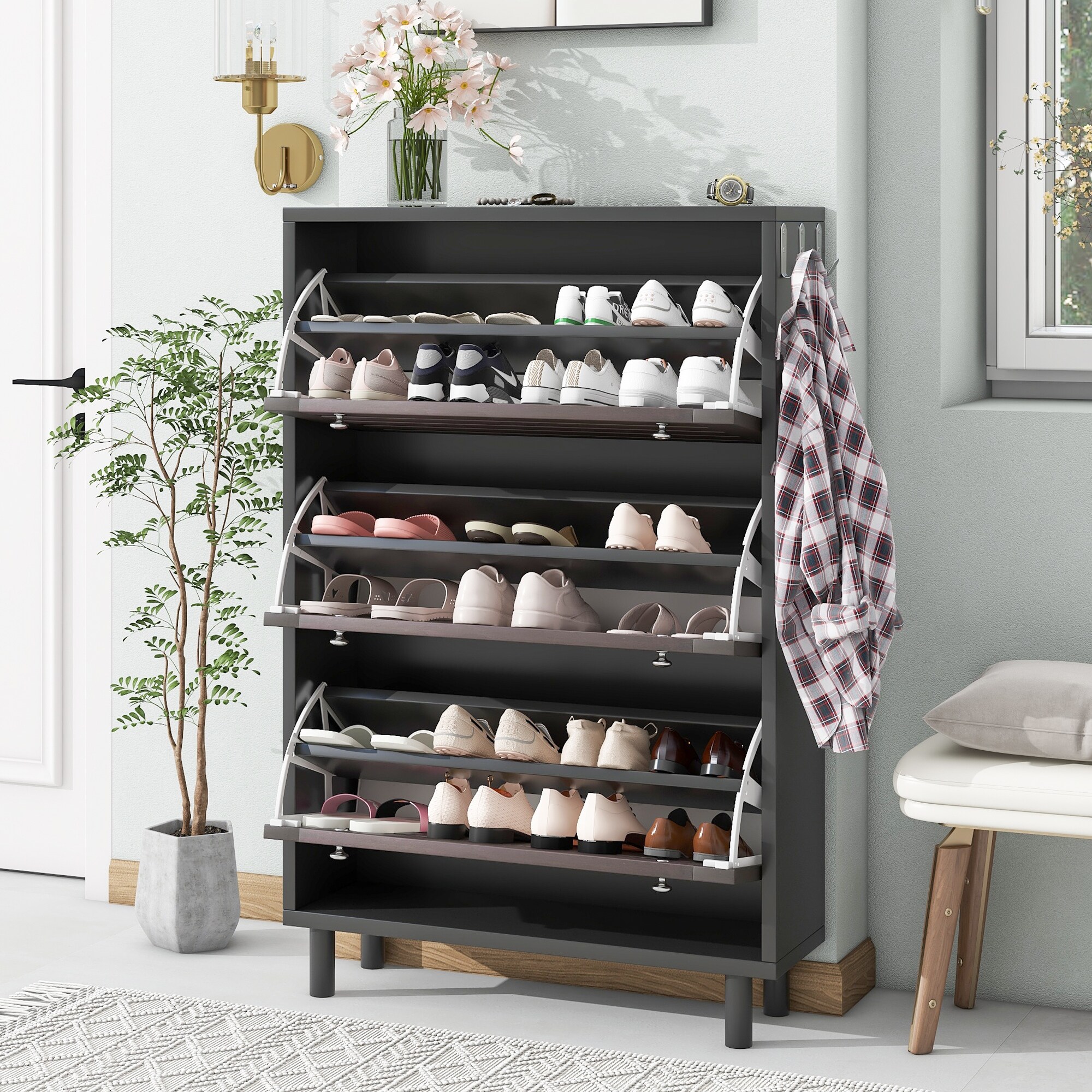 Slim Shoe Cabinet with Hanging Hooks Slits Design Panels Entryway