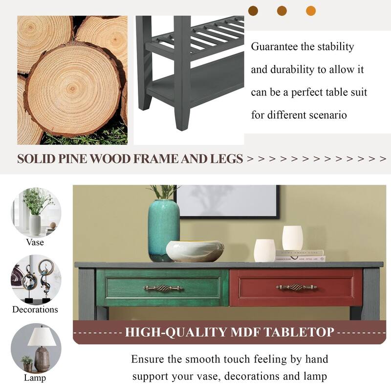 3-Tier Console Table, 42" Solid Wood Entryway Table Pine Accent Table