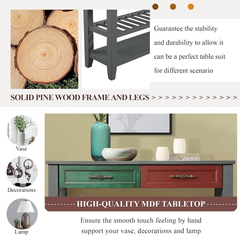 Console Sofa Table with Drawers and Tiers Shelves