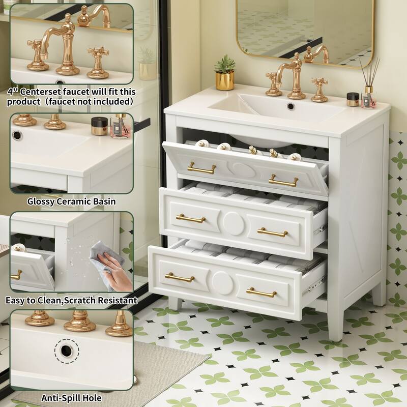 30-Inch Retro Green Bathroom Vanity with Ceramic Sink, Solid Wood Frame, and Soft-Close Drawers