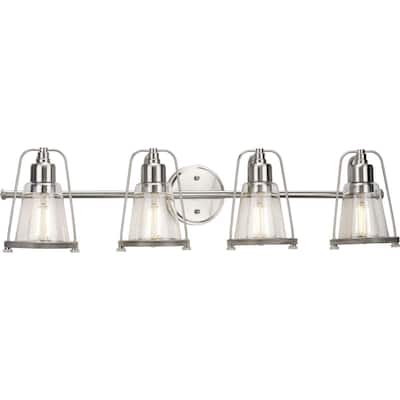 Conway Collection 4-Light Brushed Nickel Clear Seeded Glass Farmhouse Bath Vanity Light