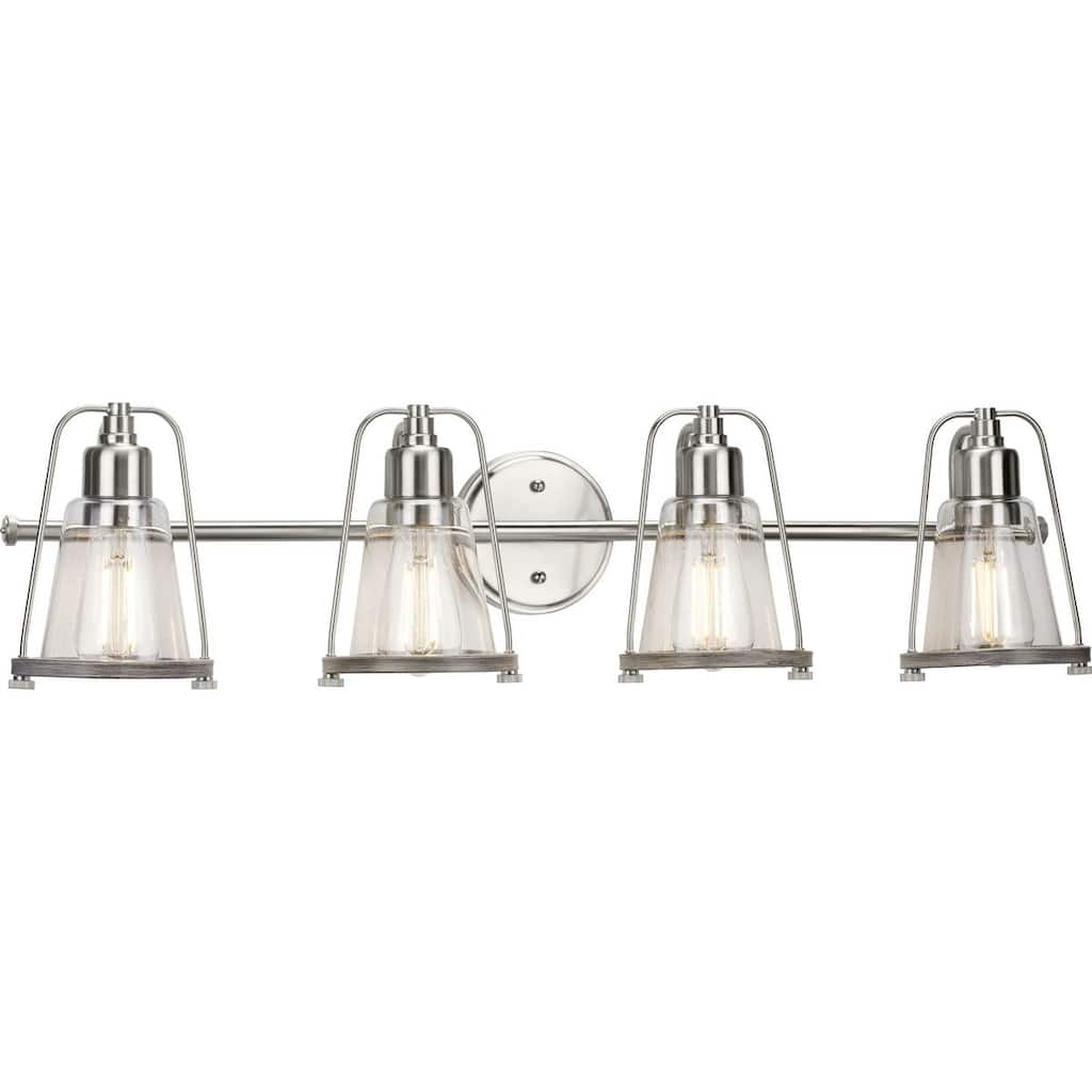 Conway Collection 4-Light Brushed Nickel Clear Seeded Glass Farmhouse Bath Vanity Light