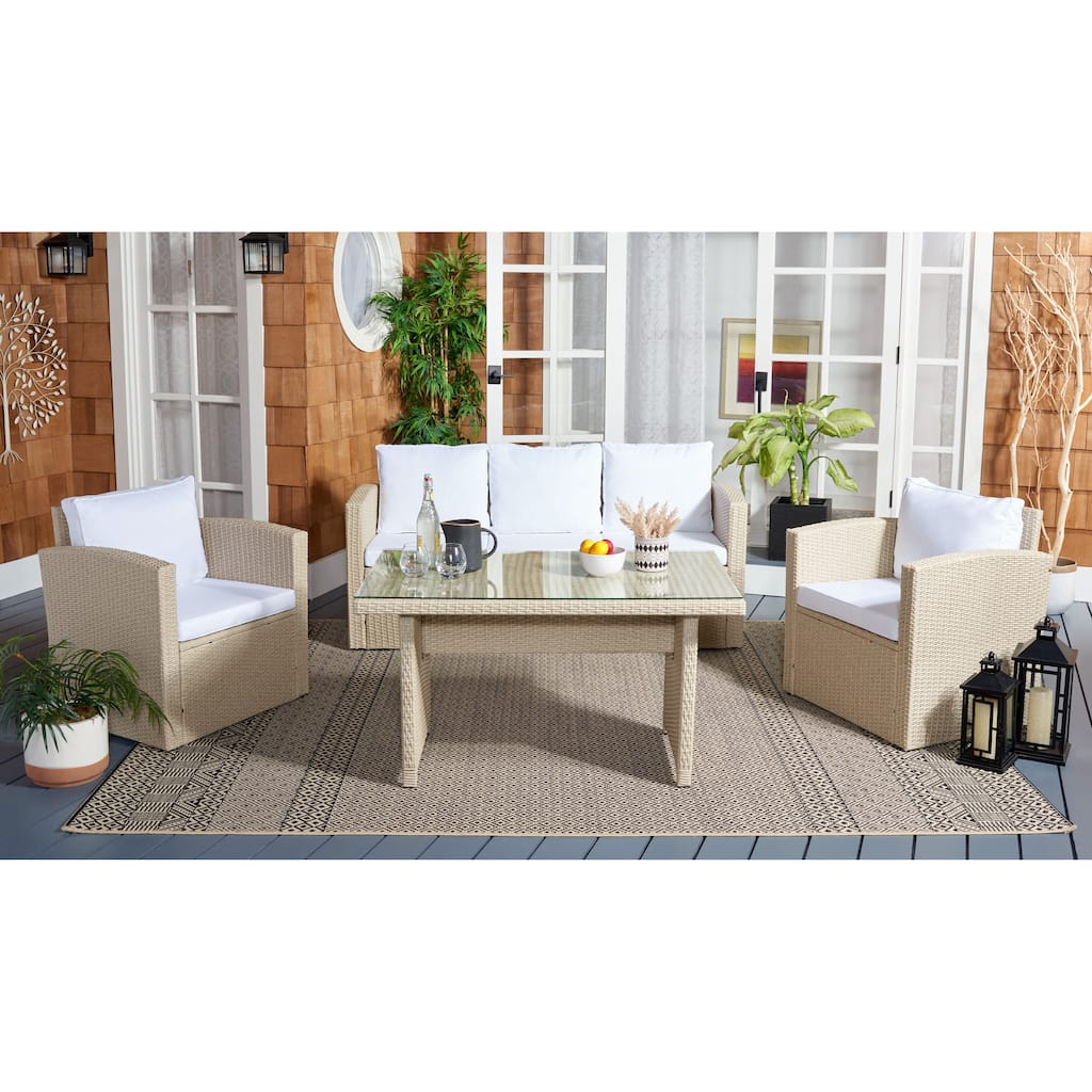 SAFAVIEH Outdoor Patio Furniture Nyra 4-Piece Wicker Dining Set with Bench, Table and Chairs - 70"W x 32"D x 27"H