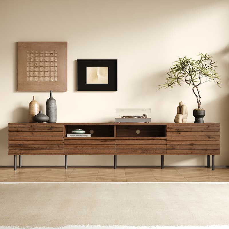TV Stand for Living Room, Mid Century Modern Entertainment Center for 65/75/85" TVs, Slatted Door Design Media Console Table