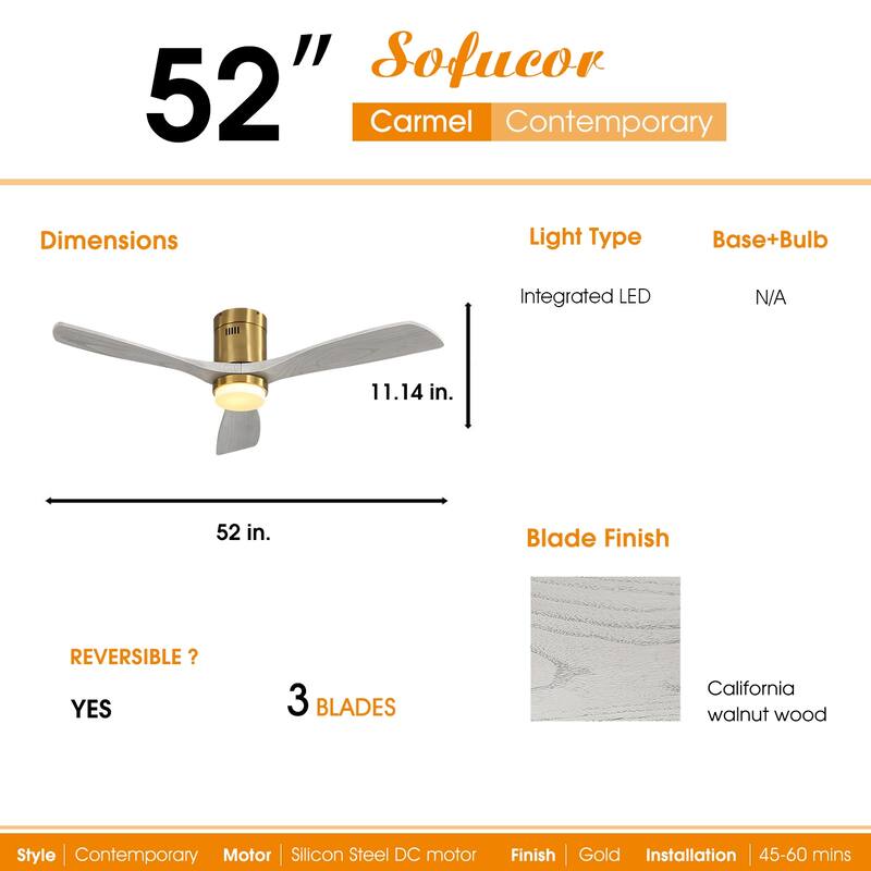 52" Flush Mount Ceiling Fan with Light, Noiseless Reversible Motor Ceiling Fan for Indoor Outdoor, 3 Solid Wood Fan Blades