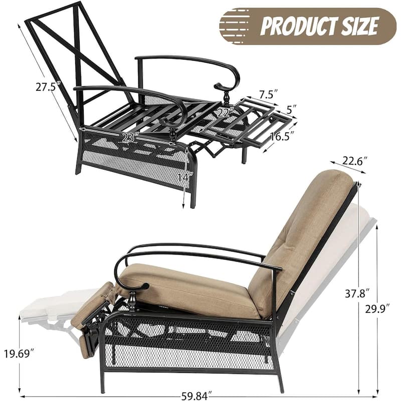 Outdoor Metal Patio Adjustable Recliner Lounge Chair & Bistro Table Set, Retractable Steel Frame and Removable Thick Cushion