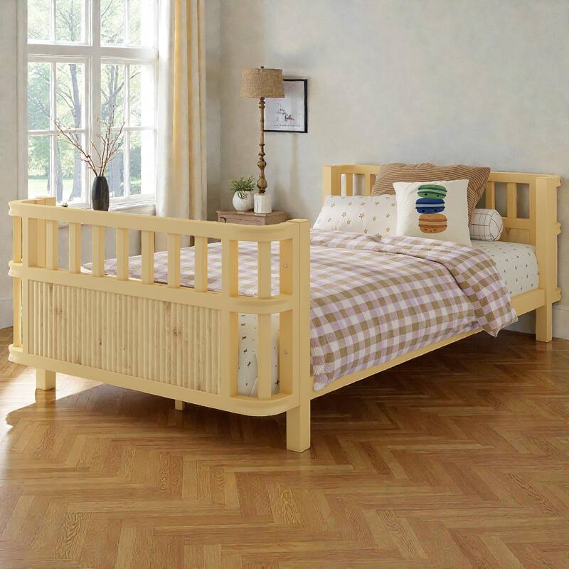 Kids Metal and Wood Platform Bed with Safety Rails, Low Profile Twin Full Children Bed for Boys and Girls