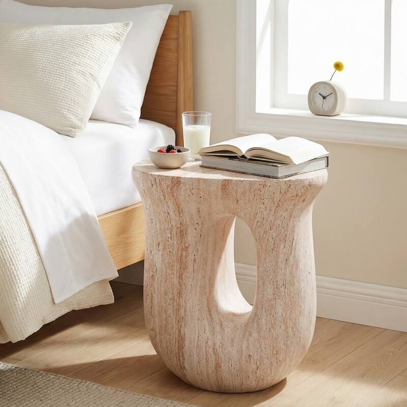 Christopher Knight Home - Modern Indoor/Outdoor 18.9"H U-Shaped Faux Marble MgO Accent Side Table with Unique Veining