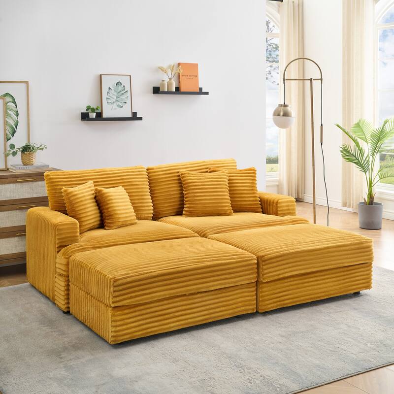 Orange Corduroy Sleeper Sectional Sofa Bed, Loveseat Couch & Storage Ottomans Set with Pillows and Removable Cushions