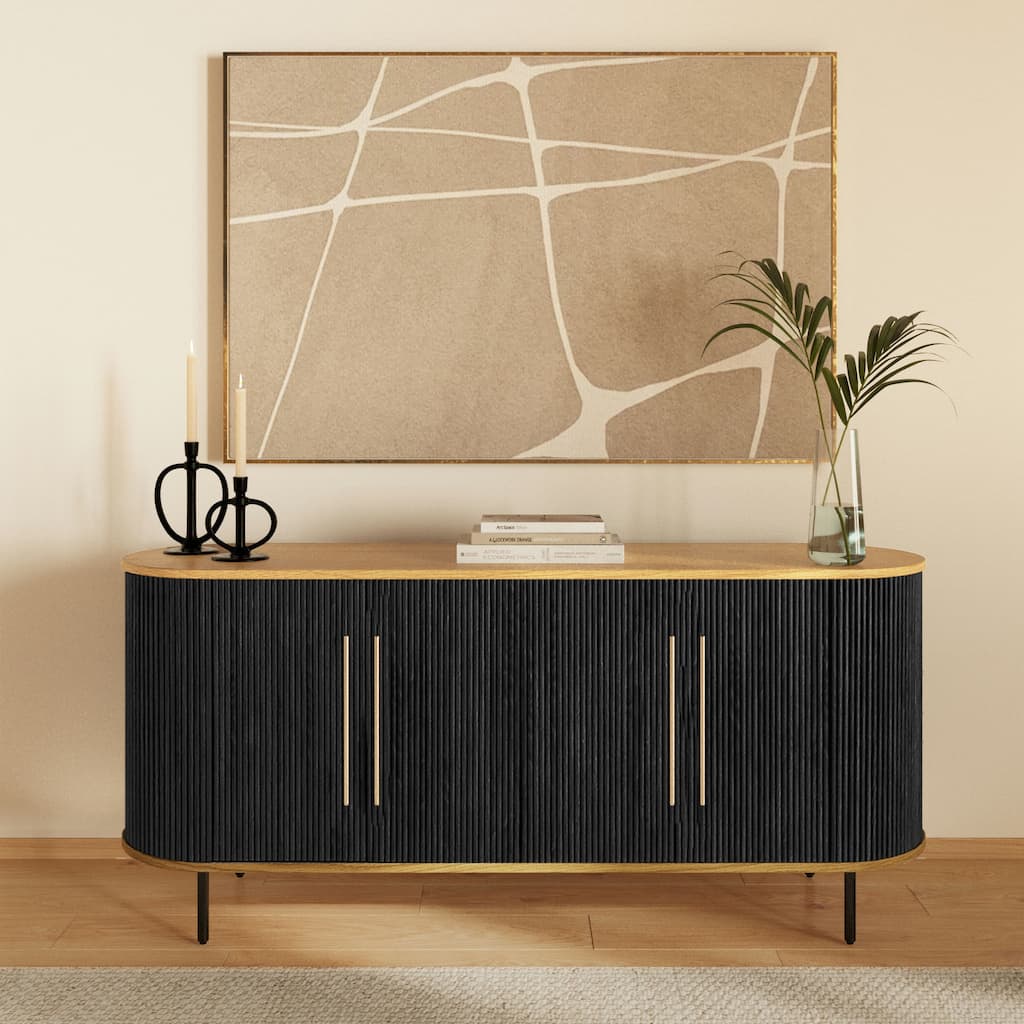 Edgemod 71" Black Ribbed Wood Sideboard With Oak Accents