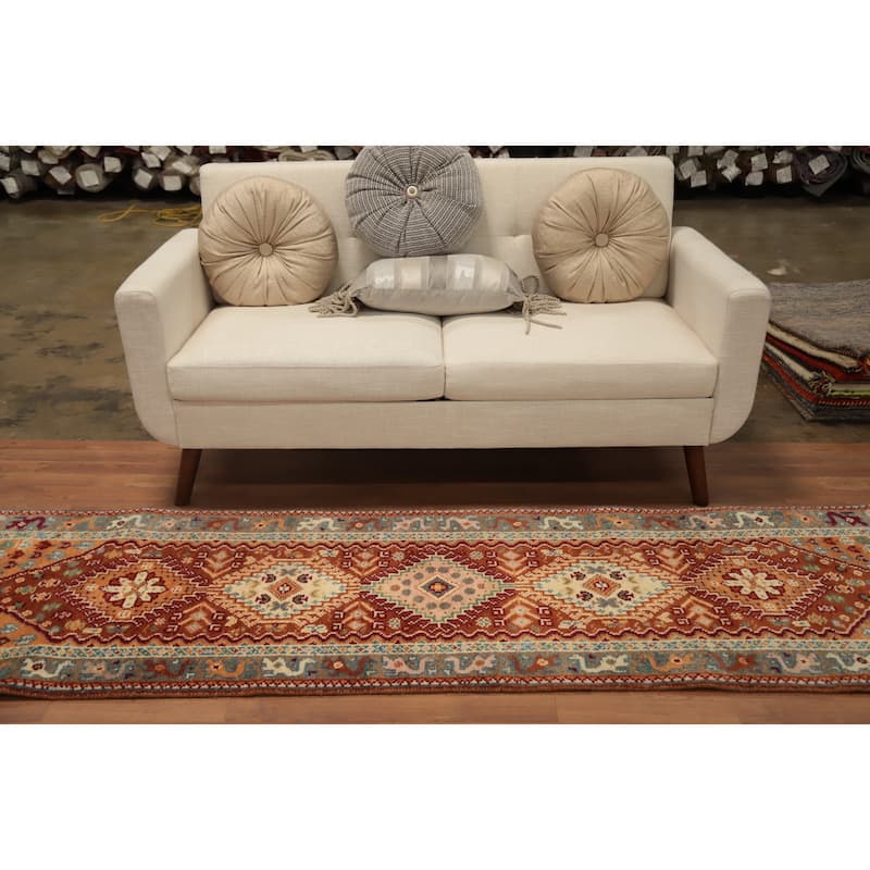 Hand Knotted Oriental 100% Wool Carpet Traditional Geometric Oranges & Rust Viss Runner Rug - 8' 3'' X 2' 7''
