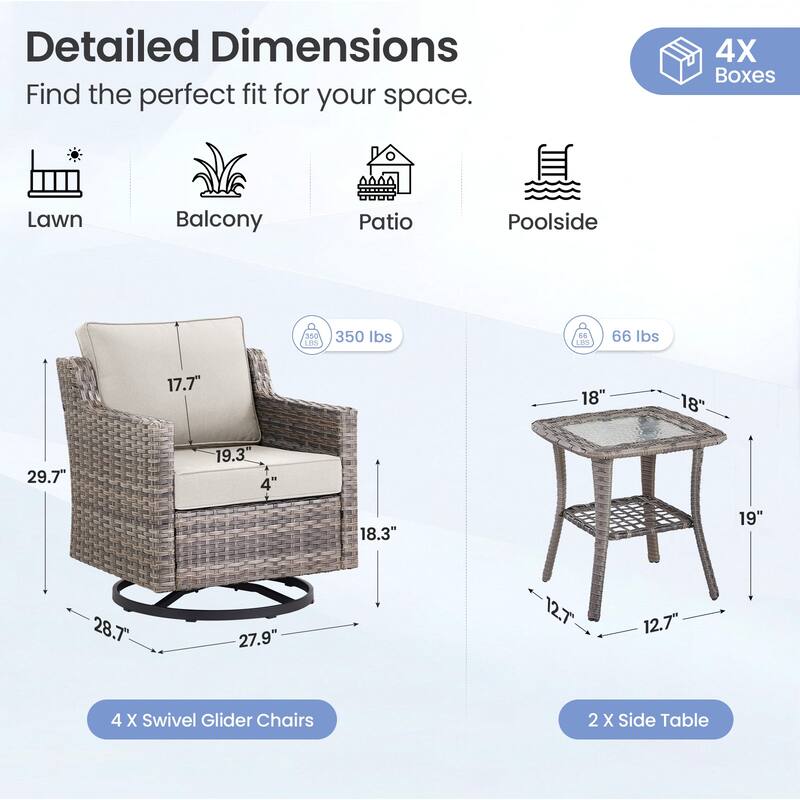 Pocassy Wicker Patio Glider Swivel Chair Ottoman Furniture Set.