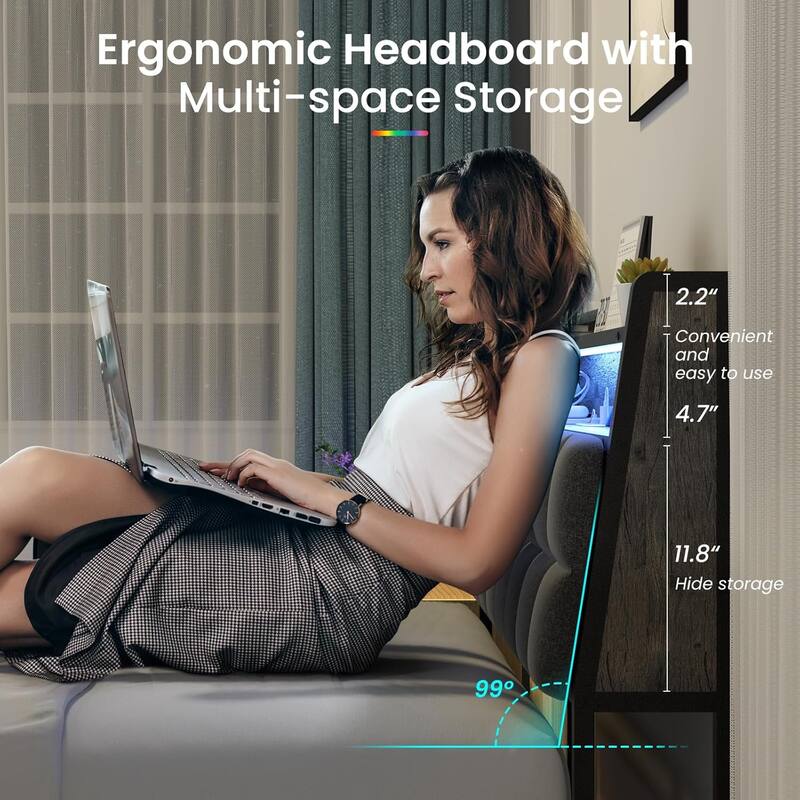 Ergonomic Storage Bed Frame with RGB LED Lights & Charging Station