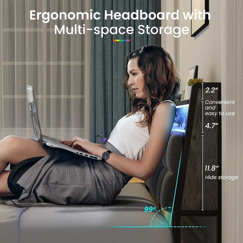 Full Bed Frame, Ergonomic Headboard with Multi-Space Storage, Bedframe with Charging Station RGB LED Lights